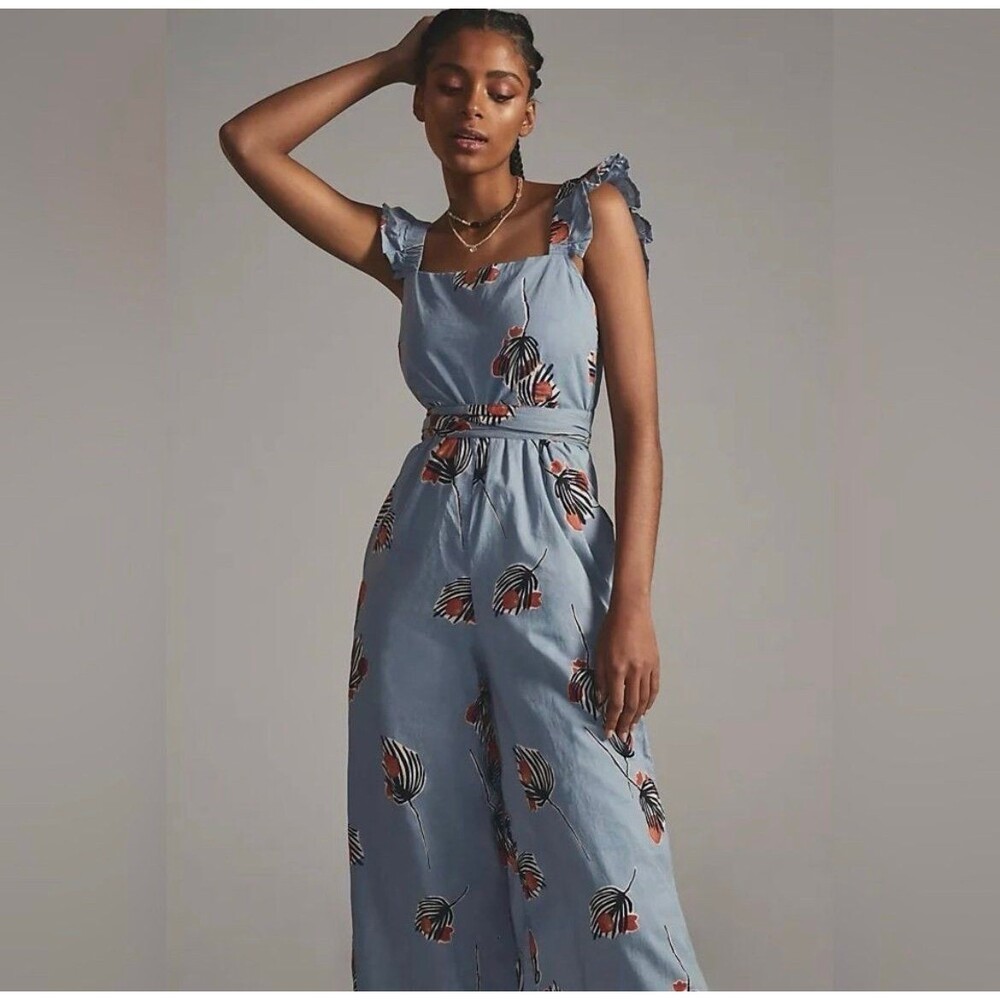 Anthropologie Blue Floral-Print Ruffle-Strap Tie-Waist Jumpsuit